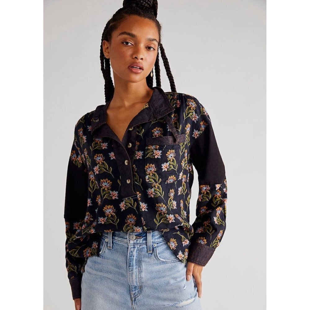 Free People Summer of Surf Pullover Button Henley Top Long Sleeve Size L NEW - Picture 1 of 10